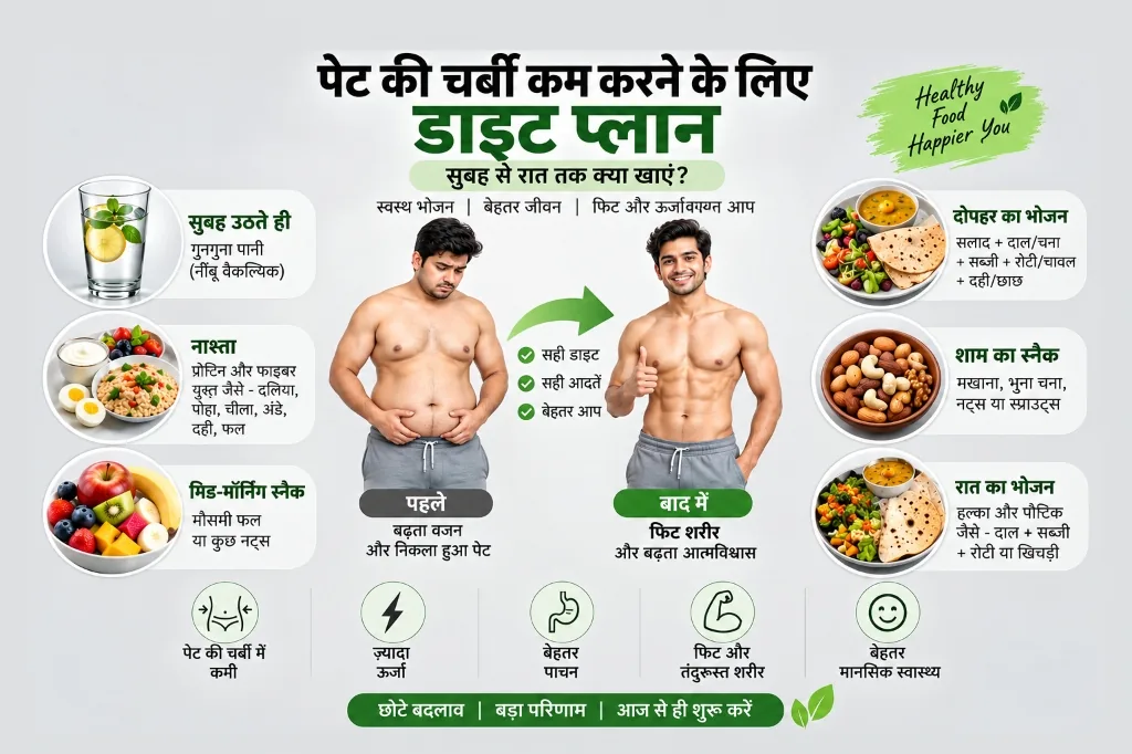 पेट की चर्बी कम करने के लिए डाइट प्लान: सुबह से रात तक क्या खाएं? पूरा Indian Weight Loss Diet Chart